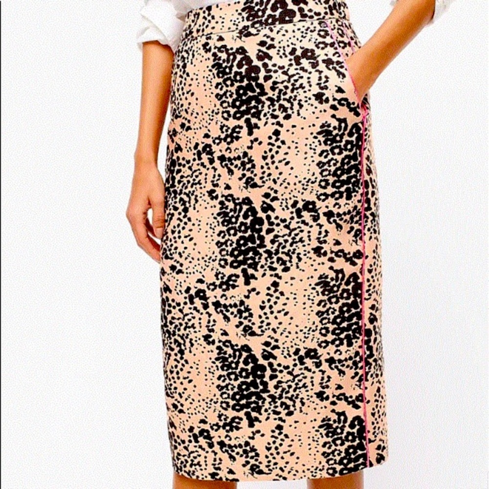 NWOT J. Crew Linen Leopard Print Midi Length Pencil Skirt with pink piping
